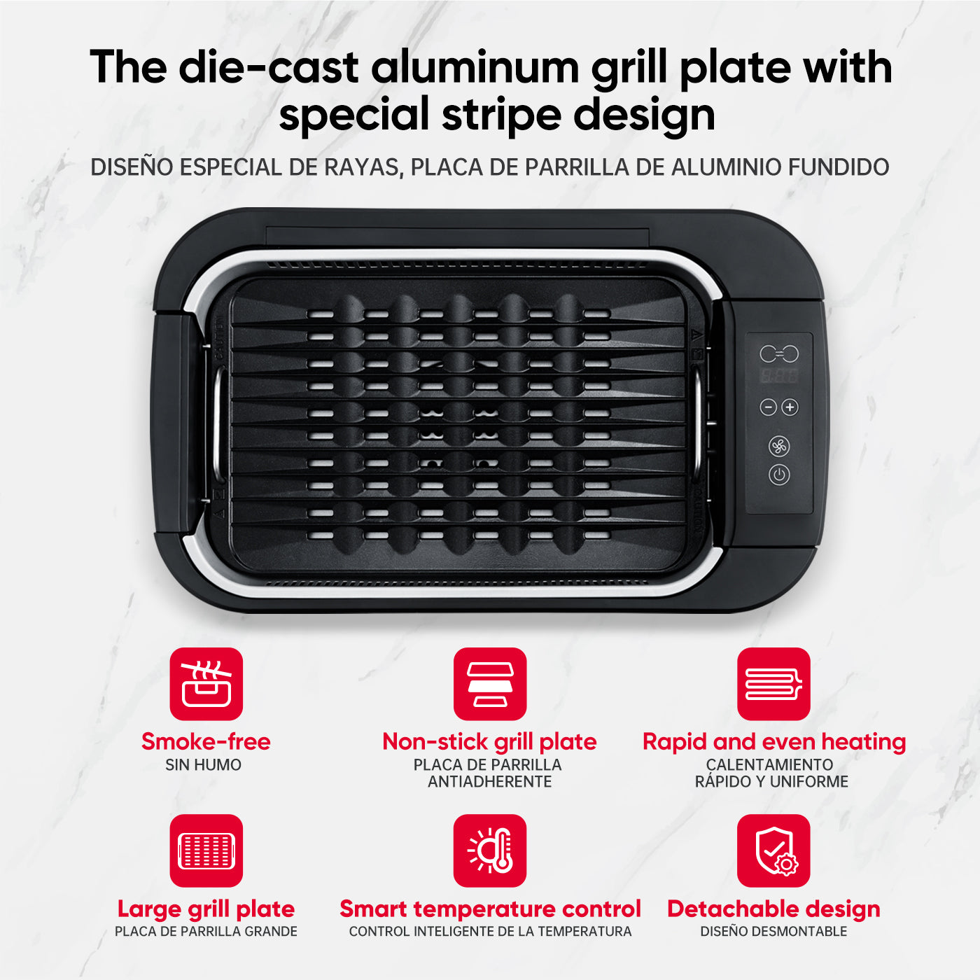 the die -cast aluminum grill plate with special stripe design smoke-free non-stick grill plate rapid and even heating large rrill plate smart temperature control detachable design
